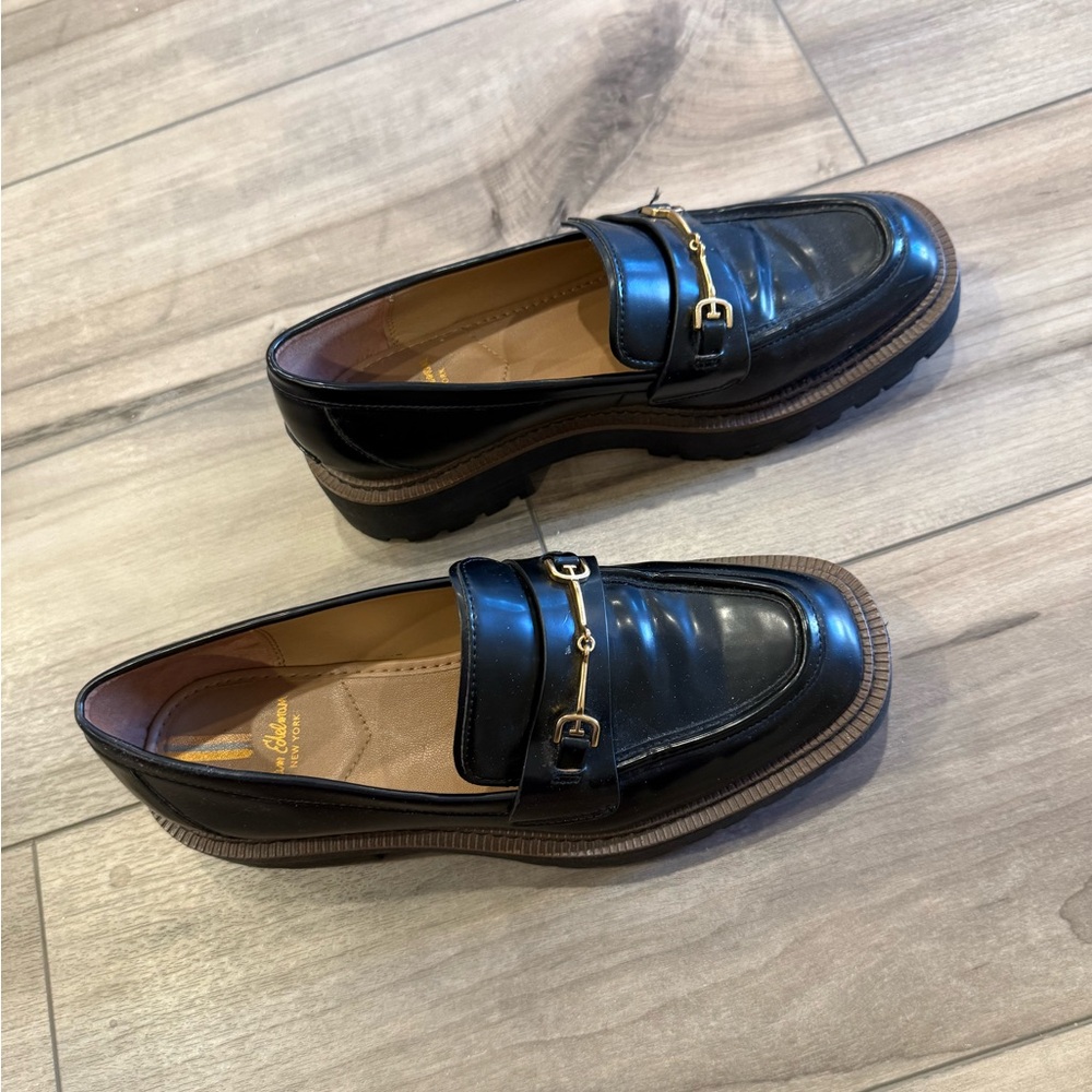 Sam Edelman Laurs Lug Sole Black Loafers with Gold Horsebit Accents